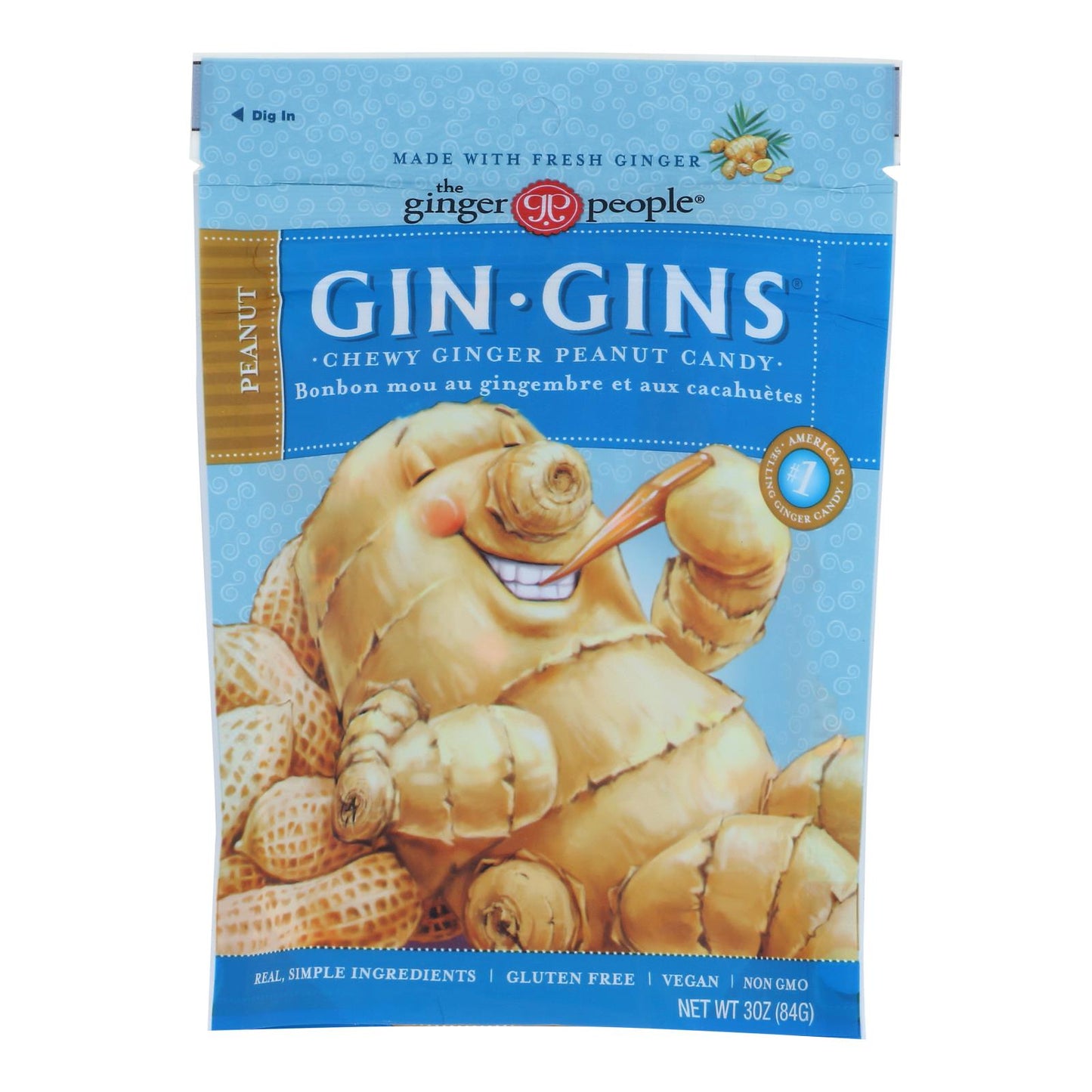 Ginger People 耐嚼姜糖 - 花生 - 一箱 12 颗 - 3 盎司。